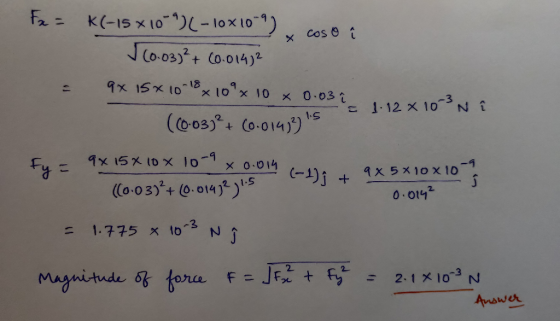 - x coso Fx = K(-15 x 10-9) (-10x10-9). | (0.033²+ (0.01472 = 9 158 10 18 x 10 x 10 x 0.037 a 1.12 x 10 3N (10-03) + (0-01413