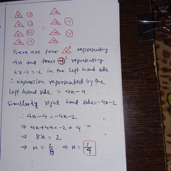 - There are four in representing 40 and four 1 representing 2x-1=-2 in the left hand side . Expression represented by the Lef