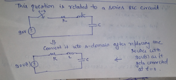 This queption to is related to a series RLC circuits m er gov Convert it into s-domain R & I M after replacing the source wit