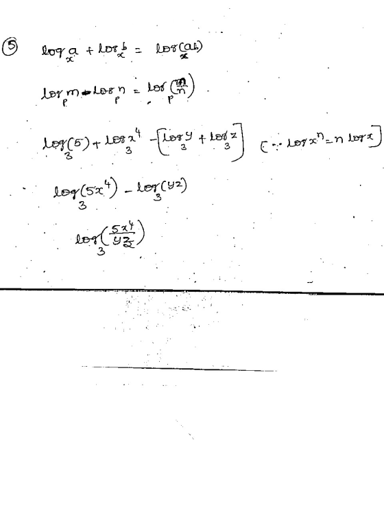 6 loga thook + loob = lor(ab) loy maloni los E 208 x?n loga leq (5) a les as flory + let log(524) - logcuz) 3 log(5x4 ya