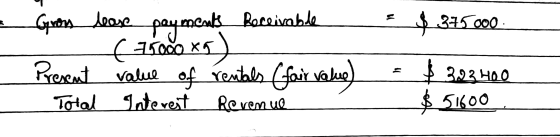 AA = $ 375.000 . Gross tease paymcsats Receivable ( 25.000 xg) Present value of rentals (fair value) Total Interest Revenue =