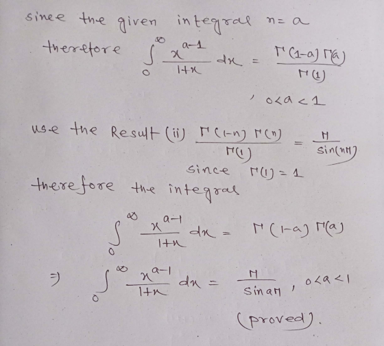 n = a since the given integral therefore sa al T (1-a) ra) de ta I olaci use the Result (1) reing (n) Mo) Since H(1)=1 theref