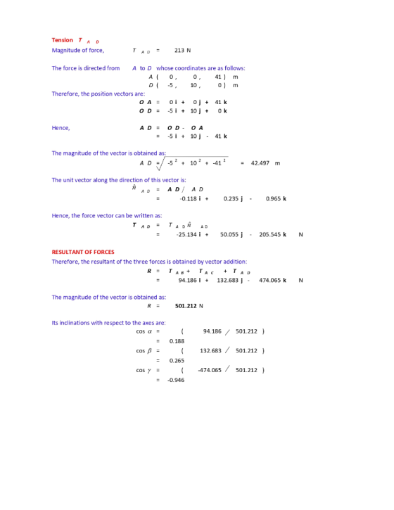 Tension TAD Magnitude of force, TAD = 213 N The force is directed from A to D whose coordinates are as follows: AT 0, 0, 41 )