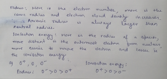 radius: More in the electron number, more is the nomic radies and electron cloud density increases ve Anionic radius is alway