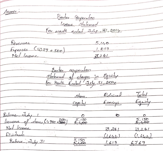 I Answer Barter Corporation -Income stelemar for_mooth ended help. 34, 2014 Sico Revenues fapenses (13.19 +500) Net Income 1,