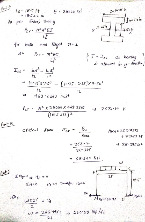 Part A C-10.75 in 11 belain LA 18.5 ft E: 28000 ksi 2 18:5x12 in As per Eulers theory 2.25in Por n272 ET 7.Soln L for both e