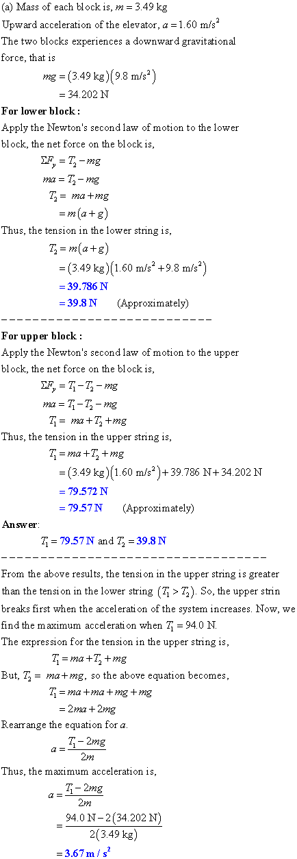 (a) Mass of each block is, m- 3.49 kg Upward acceleration of the elevator, a -1.60 m/s The two blocks experiences a downward
