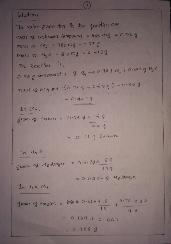 Solution :- The value provided in the question are, mass cy unknown Compound - 520 mg = 0.529 mass of CO2 = 780 mg = 0.78 g m