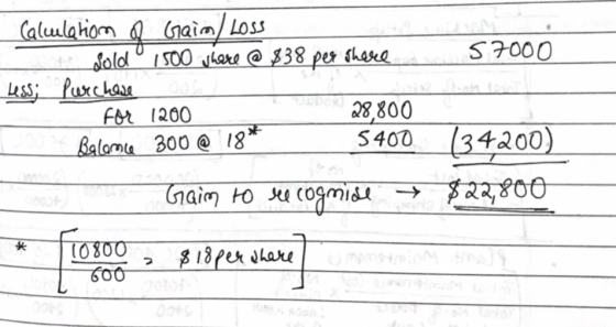 57000 Calculation Q Gain Loss Got sold 1500 where @ $38 per share Less; Purchase for 1200 28,800 Balomce 300 @ 18* 5400 Gaim