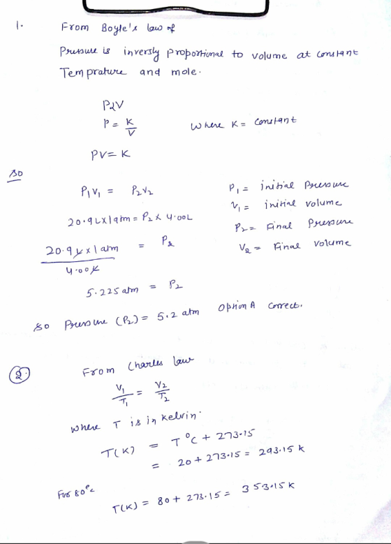 From Boyle ap Tem prahw and mole. 20.quxIqm: P2乂y.ooL nit volume na Volume From Charls a j keluin + 273.IS = 2q3.IS k 80 + 2