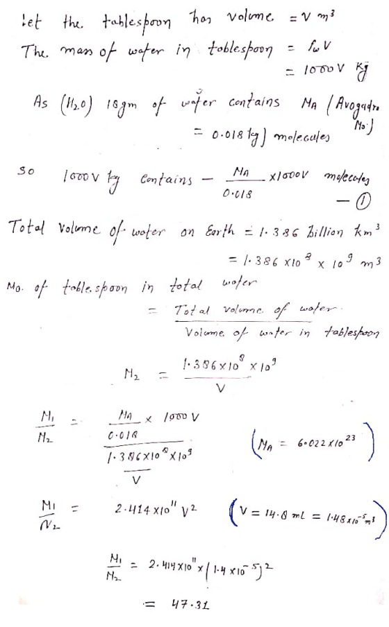 1. bet the tablespoon hos volume = v m3 The mass of water in toblespoon = full = 1000V Raj As (120) 18 gm of water contains M