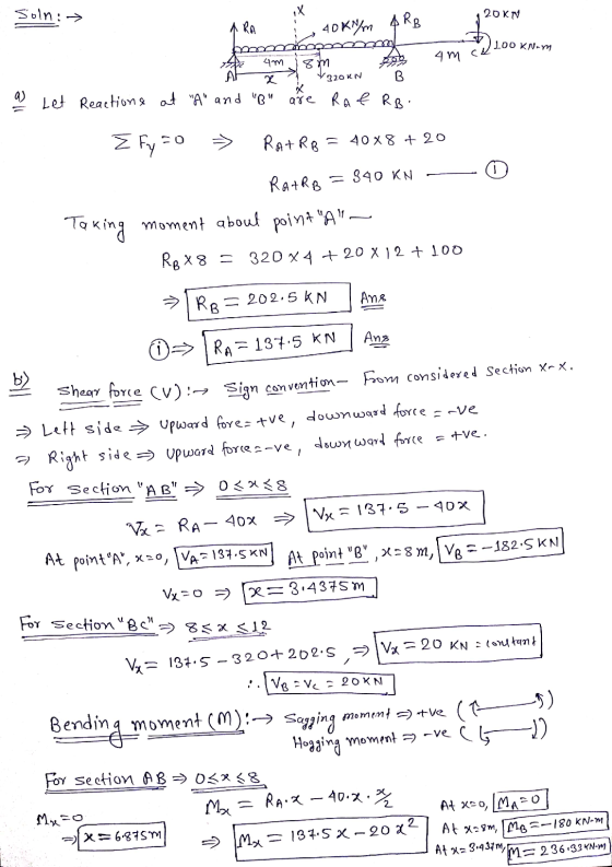 Soln: 1 20 km 20 KM Ra D 40K/m ARB - Y she 4m 18 m 1. A x 4320kN B a) Let Reactions at A and B aše RAF RB. 200 um ca 100