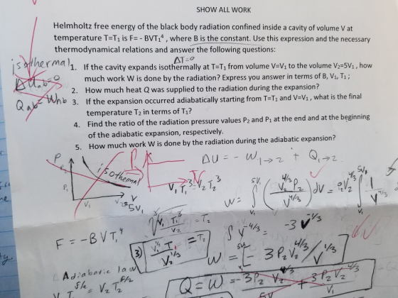 AT-O SHOW ALL WORK Helmholtz free energy of the black body radiation confined inside a cavity of volume V at temperature T=T1