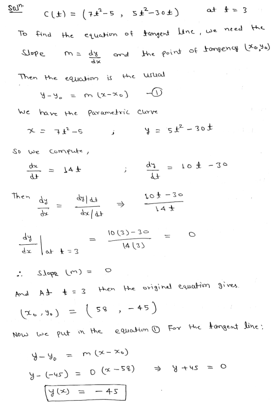 Sala Clt) = (7-5, 5#-306) at t=3 To find the equation of the tangent line, we need Slope m= dy and the point of tangency (0o,