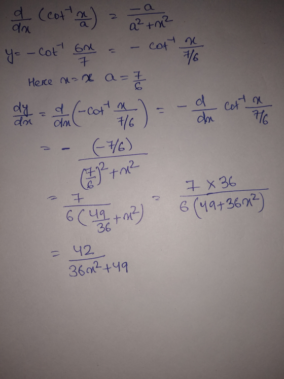 & (cotta) an a² m² cot yn y=-Cot on 7 76 Here max a=7 1 dy da d dn -cott a d cotta don 7/6 76 (-7/6) (2) ²+ m2 7 7 836 6 (49+