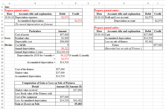 F H ДА 4 Ans: 5 Prepare journal entire: Date Accounts title and explanation 7 30.04.18 Depreciation expenses Accumulated depr