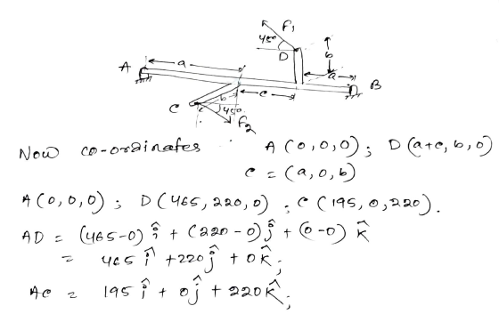 a fi 450 9 D usto. co-ordinates ژ c ز Now A (0,0,0); D (a+0, 6,0) (a,0,6) A(0,0,0); D(465, 220, o se c195,0,220) (465-0) + C2