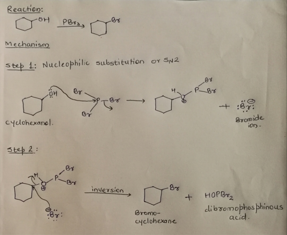Reactien: Mechanism step 1: Nucleophi lic substitution or SN2 HÖ + .67 BY Bromide ior nexanol. Step 2: B1 B Br inversion HOPB