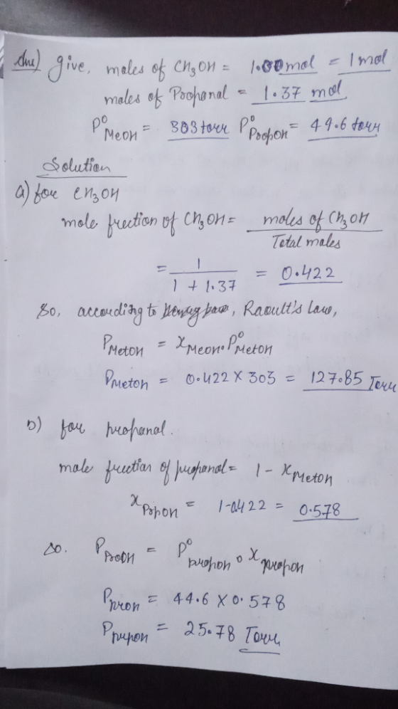 the give, males of Ch₂ on = 1.00 mal & Imol males of Poohanal = 1.37 mall PomeOn 303 tour Probon - 4906 toru Solution a) for