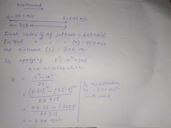 Northward u=75.9 m/s V = 6.69 m/s K 725m Final Velocity of jetliner = 6:69 m/s(v) Initial v « « (u) = 75-9 m/s the distance (