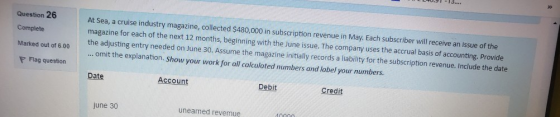 13. Question 26 Complete At Sea, a cruise industry magazine, collected $480,000 in subscription revenue in May. Each subscrib