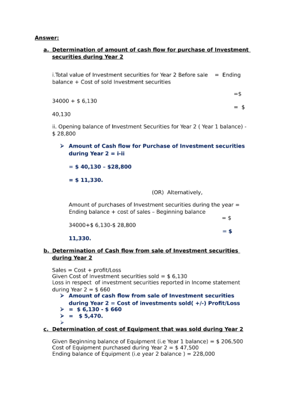 Answer: a. Determination of amount of cash flow for purchase of Investment securities during Year 2 = Ending i. Total value o