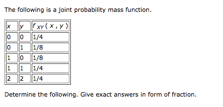The following is a joint probability mass function. x xx (x,) 1/4 0 1 1/8 10 1/8 1 1 1/4 2 2 1/4 Determine the following. Giv