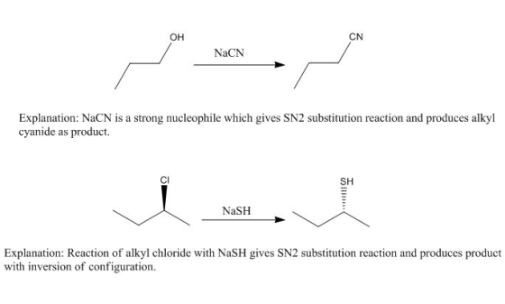 OH NaCN Explanation: NaCN is a strong nucleophile which gives SN2 substitution reaction and produces alkyl cyanide as product