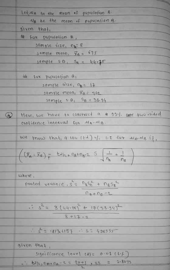 # Letela be the mean of population A. eo be the mean of population B. given that For population A sample size, na 8 sample me