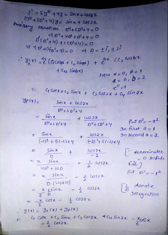 Auxilary + Sy2 + 4y - Sinat what (04 + sp’+4) y = sinn + cos2x equation 04+50²+4=0 aDY + 40² + D²+4=0 B (p² + 4) + 1 (D²+4)=0