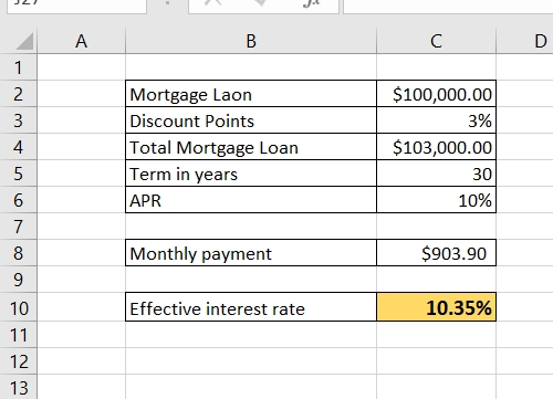 C В 1 Mortgage Laon Discount Points Total Mortgage Loan $100,000.00 2 3% $103,000.00 4 30 Term in years 10% APR 6 7 $903.90 M