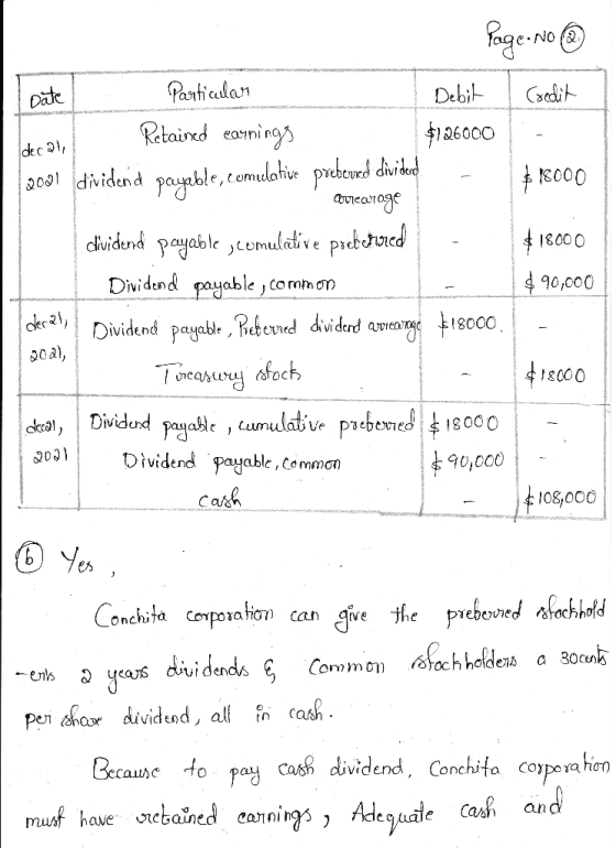 Date Page. No Particular Debit | Credit Retained earnings $126000 decal 2001 dividend payable, cumulative prebered dividered