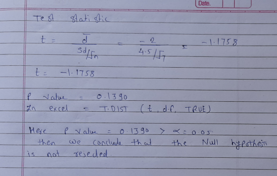 Date. statistic t = 2 a - 1.1758 Solso 4.5/5 t = -1.1758 Value excel 0.13 go TDIST (t , dif, (t, df, TRUE) Here then is not P