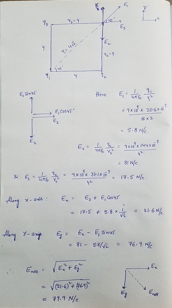 Y=4 4 145 E E Sins Here 9x1x 2060 E, Cosys X 6 x 2 5.8 N E2 9x10 x 144x10 E, = 43 81 N/c 9x10x 3lX 17.5 N/c. gun 92- Aury E3