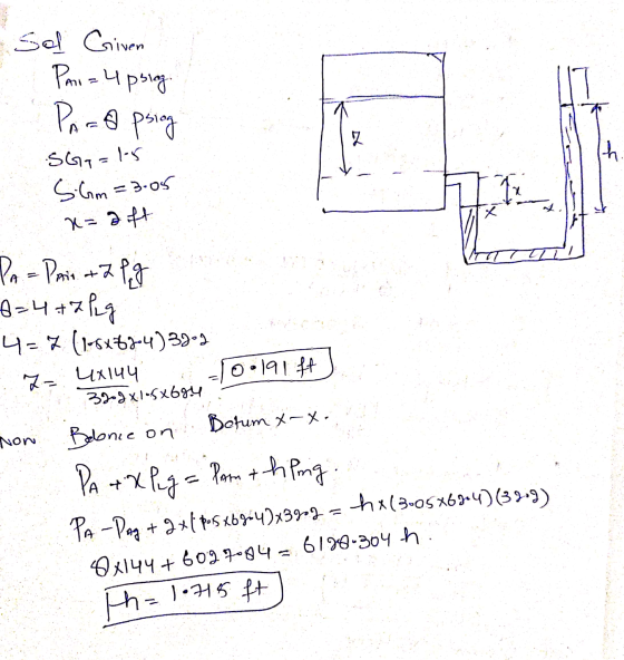 Sol Given Pani Upsug PATA psiog 2 th SG=15 S.Gm = 3.05 x=aft PA = Pair &Z Pg A=4+7 kg 4=7 (18x624) 32-2 Z= 4x144 0.191ff 382x