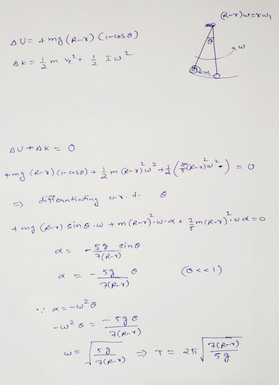 Ror) Warw, su= d mg (R-8) (i-coso) Dk = + 2 m ve ²+ į Iw? AUTAK = 0 +mg (R-o) (1-сoso) + żm (-o) wat& ( R-1W) = 0 - differnti