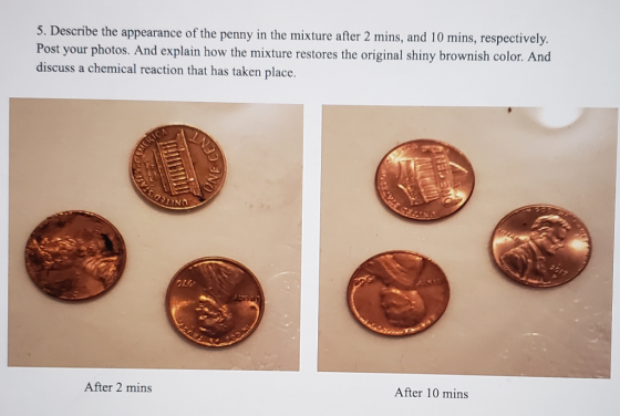 5. Describe the appearance of the penny in the mixture after 2 mins, and 10 mins, respectively. Post your photos. And explain