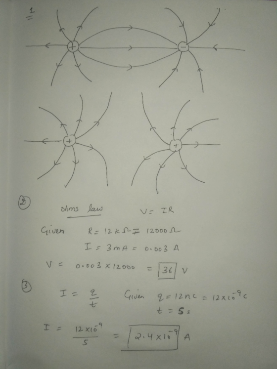 Ohms law v= IR Given R = 12 k2 I 12000 I = 3 m A = 0.003 A v= 0.003 x 12000 = 136lv 2 Given q = 12nc = 12x109 t = 5s T 12.316