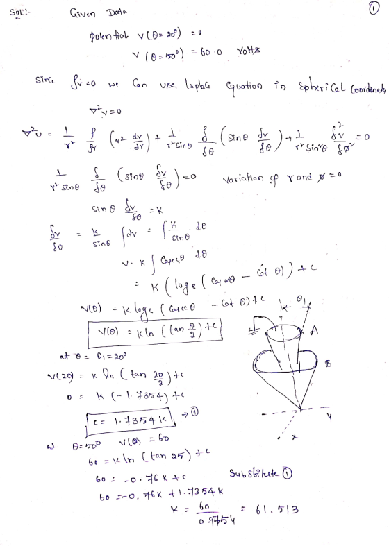 Solo- Given Data poten tiuk v CO = 900) = 0 v (0-100) = 60.0 Youts sire Sizo we can use laplace Guation in Spherical Coordina