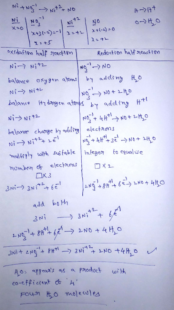 Ni+Ng with no It-> H+ NO x=th x + (-2) 20 tat2 x=+5 l oxidation half reaction Reduction half reaction Ni-Nit2 No No balance