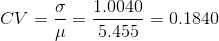 CV = \frac{\sigma}{\mu} = \frac{1.0040}{5.455} = 0.1840