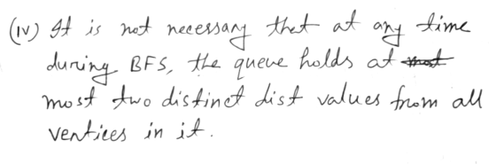 (N) It is not necessary that at any time . during BFs, the queue holds at that most two distinct dist values from all ventice