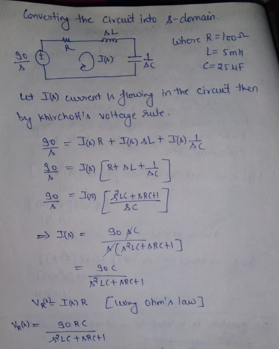 BL Converting the circuit into 8-domain. m m where R=1000 go I - 1 c = 25 uf L=5mH et +(8) current is flowing in the circut t