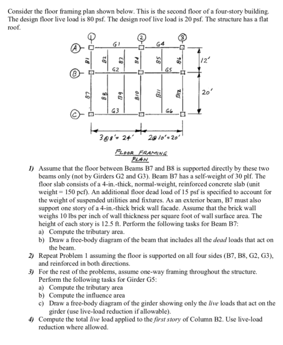 Consider the floor framing plan shown below. This is the second floor of a four-story building The design floor live load is 80 psf. The design roof live load is 20 psf. The structure has a flat roof G4 /2 G2 GS co G3 FLooR FRAMIN LAN I) Assume that the floor between Beams B7 and B8 is supported directly by these two beams only (not by Girders G2 and G3). Beam B7 has a self-weight of 30 plf. The floor slab consists ofa 4-in.-thick, normal-weight, reinforced concrete slab (unit weight - 150 pcf). An additional floor dead load of 15 psf is specified to account for the weight of suspended utilities and fixtures. As an exterior beam, B7 must also support one story of a 4-in.-thick brick wall facade. Assume that the brick wall weighs 10 lbs per inch of wall thickness per square foot of wall surface area. The height of each story is 12.5 ft. Perform the following tasks for Beam B7: a) Compute the tributary area b) Draw a free-body diagram of the beam that includes all the dead loads that act on the beam Repeat Problem 1 assuming the floor is supported on all four sides (B7, B8, G2, G3), and reinforced in both directions For the rest of the problems, assume one-way framing throughout the structure. Perform the following tasks for Girder G5 a) Compute the tributary area b) Compute the influence area c) Draw a free-body diagram of the girder showing only the live loads that act on the 2) 3) girder (use live-load reduction if allowable) 4) Compute the total live load applied to the first story of Column B2. Use live-load reduction where allowed