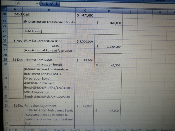 L76 DEF 20 2-Oct Cash $ 470,000 8% Distribution Transformer Bonds 470,000 (Sold Bonds) $ 1,550,000 1-Nov 6% M&D Corporation B