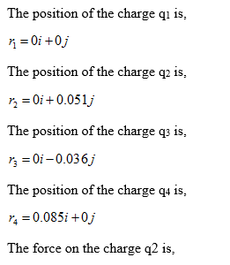 The position of the charge q is, The position of the charge q2 is, r, =0+ 0.051 The position of the charge q is, r, = 0i-0.03