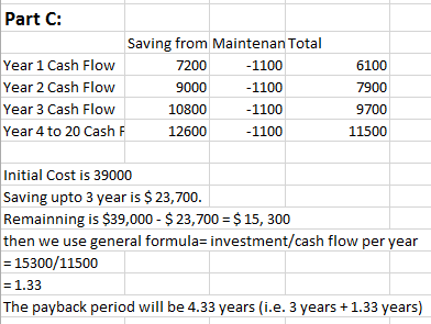 Part C: Saving from Maintenan Total Year 1 Cash Flow 7200 -1100 Year 2 Cash Flow 9000 -1100 Year 3 Cash Flow 10800 -1100 Year