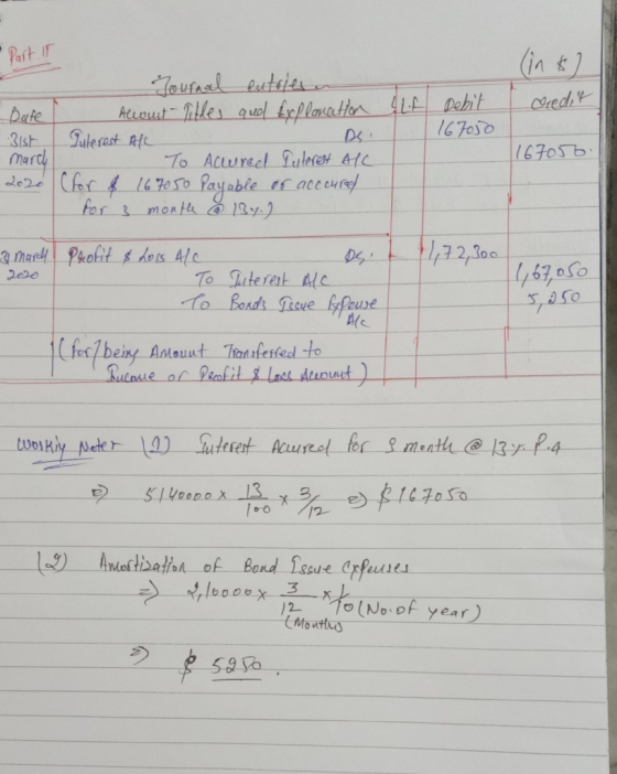 Part It (in $ 2 Journal entries a - Alcourt-litles qual Explanation Alf Debit I credit 31st gute rest All Ds. 167050 march To