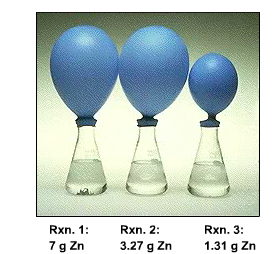 Rxn. 1: 7 g Zn Rxn. 2: 3.27 g Zn Rxn. 3: 1.31 g Zn
