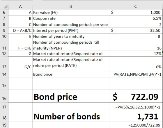 6 7 1,000 6.5% 32.50 10 A A Par value (FV) B Coupon rate c Number of compounding periods per year D = AxB/C Interest per peri